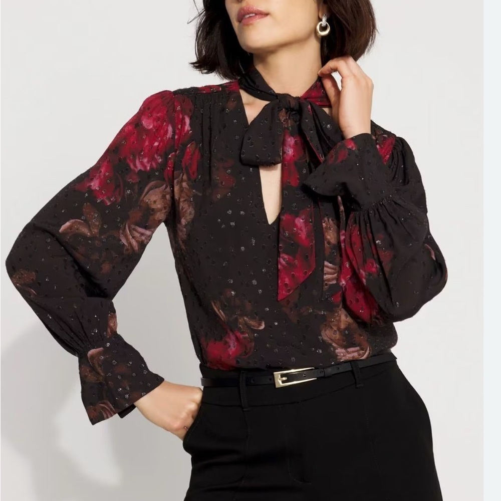 WHBM Jacquard Tie-Neck Blouse NWT - Large